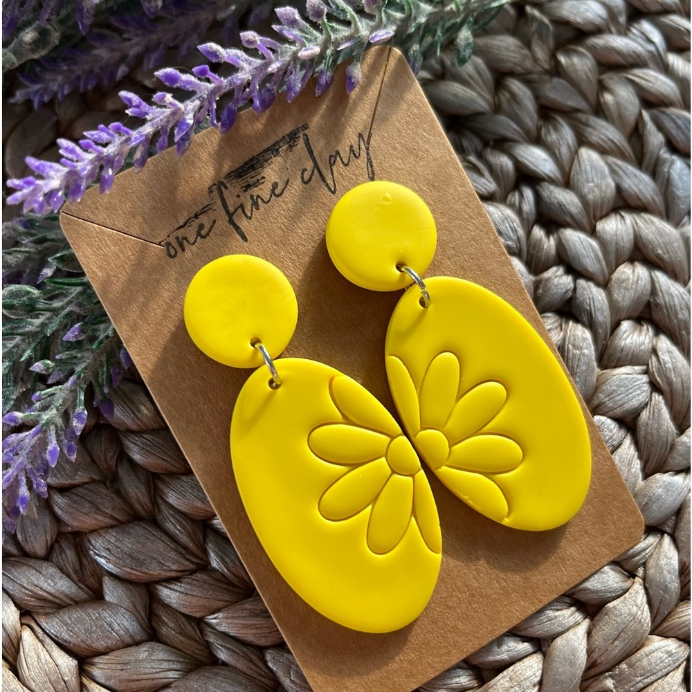 Bright Yellow Clay Flower Oval Earrings